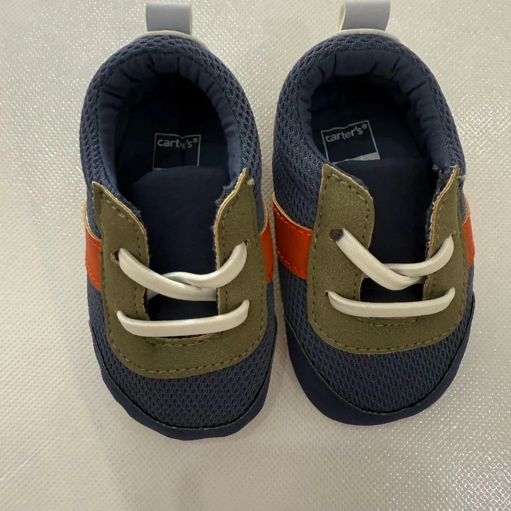 NWOT Carter's Navy and Olive Baby Shoes with Orange Accent 0-3 months